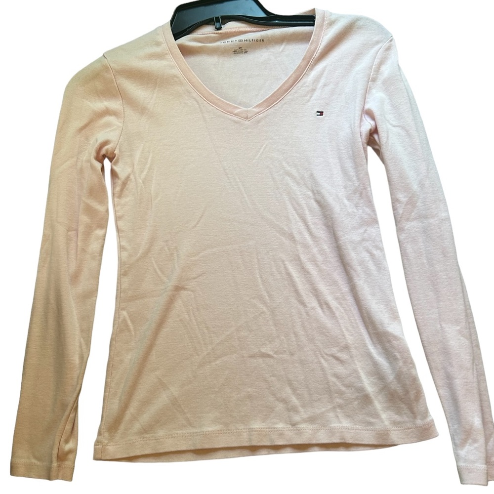 light pink V-Neck Tommy Hilfiger long sleeve tight fitting baby tee